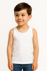 Young boy wearing white cotton vest – comfortable and lightweight school vest for ages 3 to 13