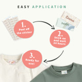 How to apply Easy2Name pattern name stickers: peel off, stick on and wait 24 hours, then ready to use