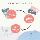 How to apply Easy2Name multi colour name stickers: peel off, stick on and wait 24 hours, then ready to use