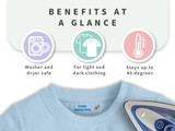 Iron-on transfers at a glance: washer and dryer safe, for light and dark clothing, stays up to 40 degrees