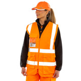 Black heavy duty security vest with reflective bands, zip front and ID pass pocket