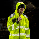 Fluorescent orange and black zip through hi vis hoodie with printed reflective bands