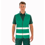 Black enhanced visibility vest with sewn reflective tapes over the shoulders and grey bound edges