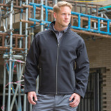 Black mens softshell work jacket with zip through collar, zipped pockets and treble stitching