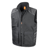 Black padded work bodywarmer with zip-through collar, patch pockets and a zipped chest pocket