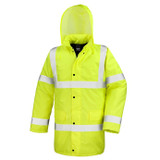 Fluorescent long padded hi vis coat with reflective tapes, storm flap pockets and a foldaway hood