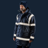 Dark padded work coat with sewn-on reflective tapes, stud closing storm flap and front pockets