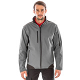 Softshell work jacket with black reinforced shoulder and elbow panels, zip pockets and zip collar