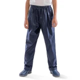 Child's black waterproof over trousers with elasticated waist and press stud ankles
