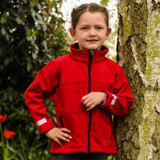 Child's navy softshell jacket with full zip, zipped chest pocket and stand up collar