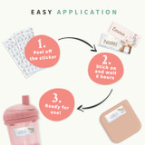 How to use Easy2Name name stickers: peel off, stick on and wait 8 hours, ready to use, shown on a toddler's beaker