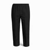 Single pair of black boys pull up school trousers with a full elastic waist, no buttons or zips