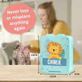 Personalised Charlie lion picture lunch box, 18 x 15 x 5 cm, on a kitchen worktop