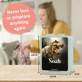 Personalised Noah dinosaur photo lunch box, 18 x 15 x 5 cm, on a kitchen worktop