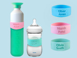 Personalised name bands on a sports bottle and a baby bottle, with spare bands beside them