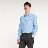 Zeco boys long sleeve school shirts in blue, worn, side view, close up