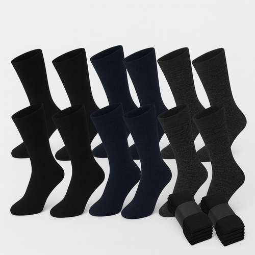 Six pairs of men's plain socks in black, navy, and charcoal, displayed upright with one folded six-pack bundle, cotton-polyester-elastane blend.