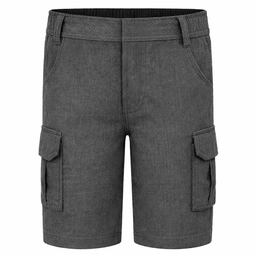 Grey boys school cargo shorts with elastic waist and cargo pockets