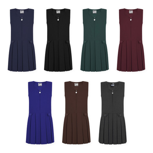 Zeco girls zip front school pinafore dress in navy, black, bottle green, maroon, royal blue, brown, grey