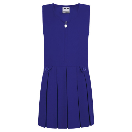 Girls royal blue box pleat zip front school pinafore with heart puller, paired with a white shirt, in a vibrant school uniform style.