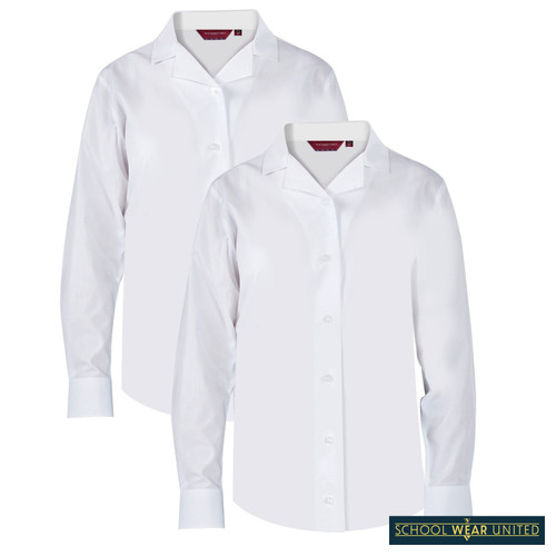 Girls Regular Fit - Non-Iron - 2 Pack Long Sleeve Revere School Blouse (Winterbottom) - 2 Pack