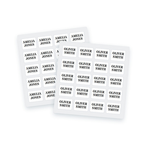 Personalised washable school name labels, sheets of 20 stick-on name stickers printed in bold capitals