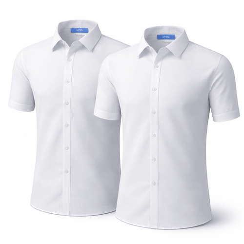 This image displays a twin pack of Ayra girls’ short sleeve school blouses in bright white, photographed against a clean white background. Both blouses are shown without a chest pocket for a sleeker, regulation-compliant design. Featuring a classic collar and button-through front, these non-iron shirts are ideal for schoolwear, offering a polished look with minimal maintenance. The twin pack presentation highlights value and consistency in school uniform essentials.