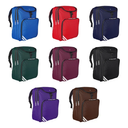 Zeco junior school backpack in royal blue, red, navy, bottle green, maroon, black, purple, brown