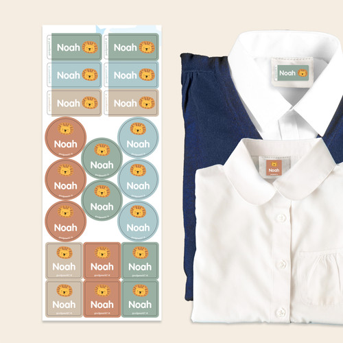 Easy2Name clothing name stickers value set, a sheet of personalised name stickers with a lion icon beside school shirts