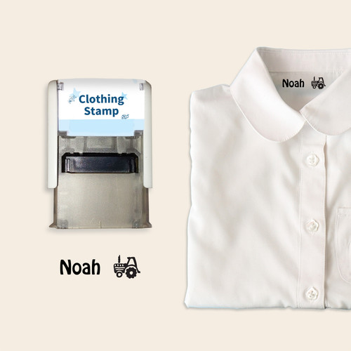 Easy2Name clothing name stamp with a name and tractor icon stamped inside a white school shirt collar