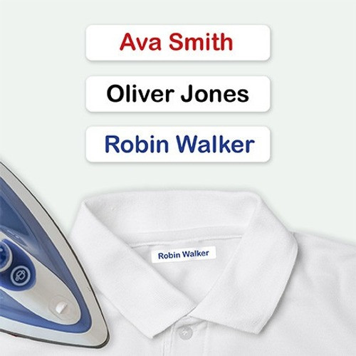 Easy2Name iron-on name tapes in red, black and dark blue, ironed into a white school shirt collar