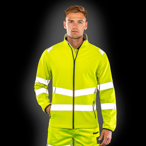 Fluorescent orange hi vis softshell jacket with sewn reflective bands and black cuffs
