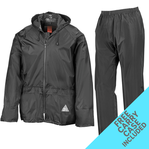 Result waterproof jacket and trouser set in black with free carry case – R095X rain suit Result waterproof jacket and trouser set in black with free carry case – R095X rain suit