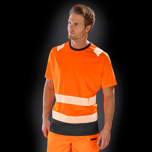 Fluorescent orange hi vis T shirt with black collar, black side panels and printed reflective bands