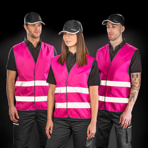 Black enhanced visibility vest with sewn reflective tapes over the shoulders and grey bound edges