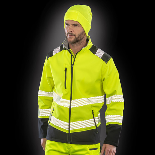 Fluorescent orange and black ripstop hi vis softshell jacket with reflective bands and stand-up collar