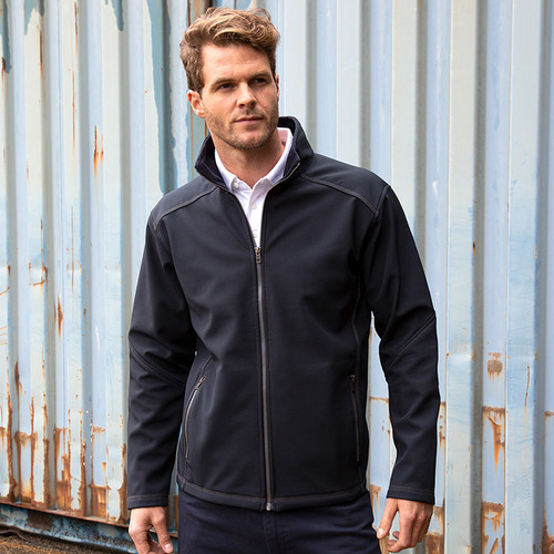 Black mens softshell work jacket with zip through collar, zipped pockets and treble stitching