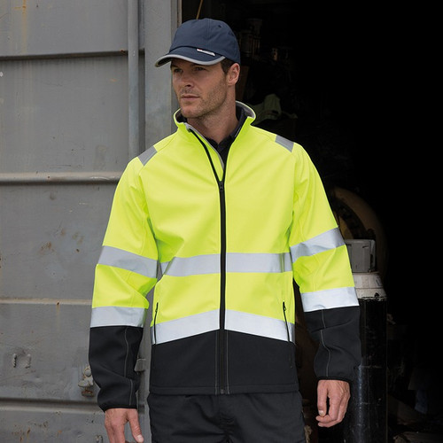Hi vis orange and black softshell jacket with reflective bands and zip through collar