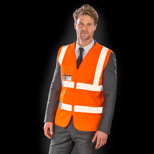 Fluorescent hi vis zip tabard with reflective bands and a clear ID pass pocket on the chest