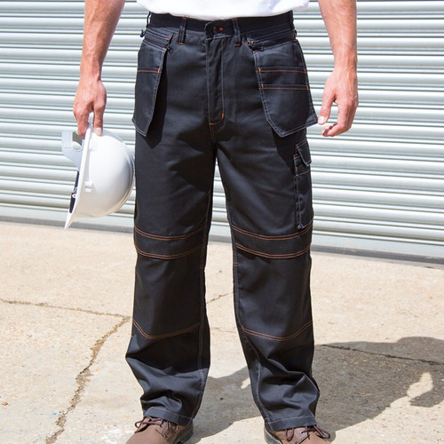 Black lightweight work trousers with removable holster pockets, cargo pocket and knee pad pockets