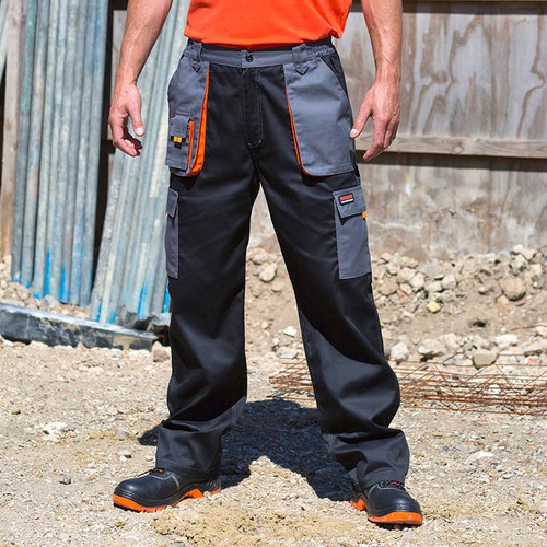 Two-tone lightweight cargo work trousers with thigh pockets and orange reflective pull tabs