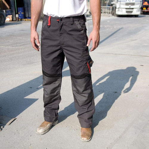 Two-tone technical work trousers with knee pad pockets, zipped cargo pocket and contrast panels
