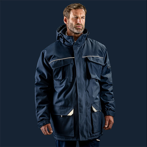 Padded long work coat with full zip, patch pockets, stand-up collar and reflective detail