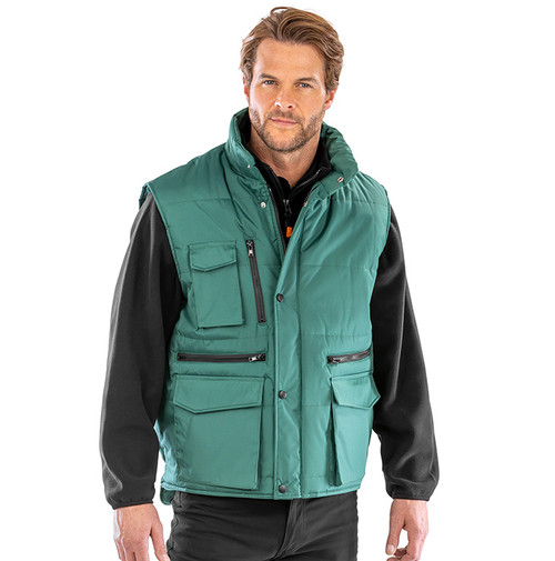 Padded ripstop work bodywarmer with stand up collar, storm flap and several chest pockets