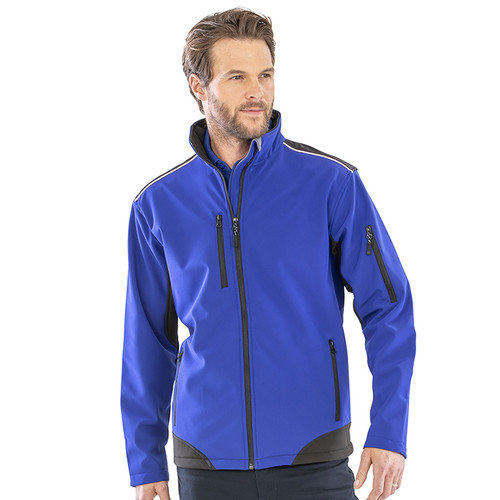 Softshell work jacket with black reinforced shoulder and elbow panels, zip pockets and zip collar