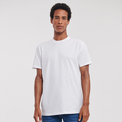 Plain crew neck cotton t-shirt with short sleeves and rib collar, shown from the front