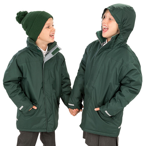 Child's navy waterproof winter parka with hood in the collar, fleece lined pockets and reflective tape