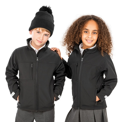 Child's navy softshell jacket with full zip, zipped chest pocket and stand up collar