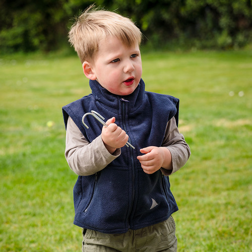 Child's navy fleece gilet with full zip, zipped pockets and reflective triangle