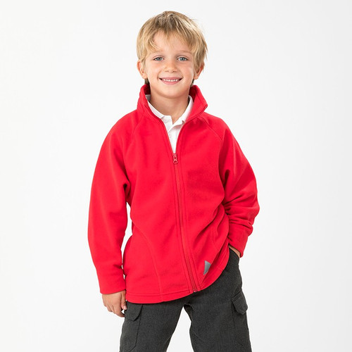 Child's navy full zip microfleece jacket with stand up collar and reflective triangle